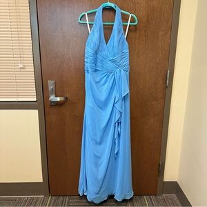 David’s Bridal halter dress Women’s 16 blue bridesmaid formal pleated ruffles